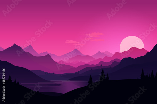 Beautiful sunset landscape in pink and purple colors. Amazing mountains, lake, silhouettes of forest, trees and clouds against the backdrop of a stunning sunset. Vector illustration for print.