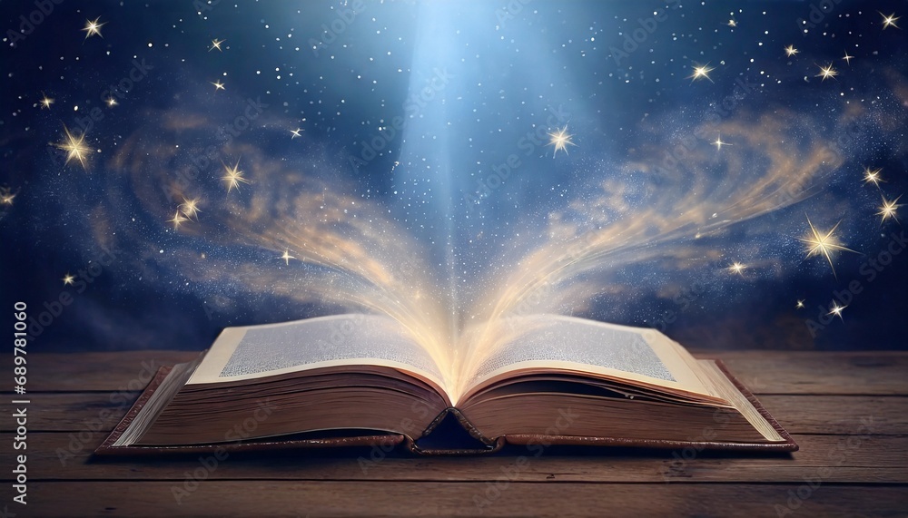 Magical Book on Table in dimmed Library with Magic releasing from the pages. Magical Book on Table in dimmed Library with Magic releasing from the pages.