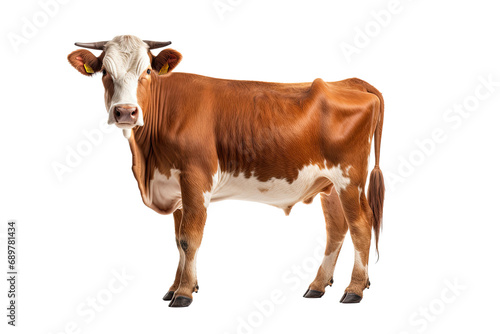 Cow or bullock farm portrait looking at camera isolated on clear png background  funny moment  Farmland animals concept.