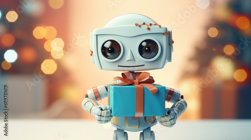 Shot of robot holding a small gift box. Holidays and celebration concept.