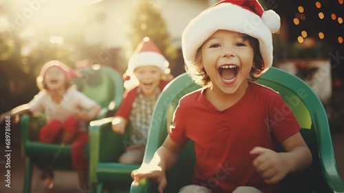 Happy kids in red Santa hat have fun and laughing. Christmas games and fun.
