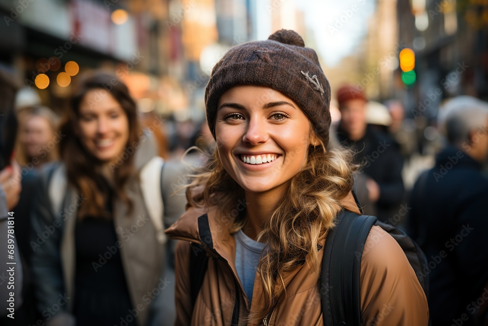 Bright smiles in the city's autumn bustle Bright smiles in the city's autumn bustle
