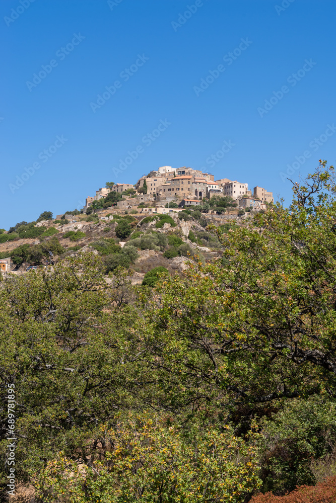 View of the mountain village of Sant Antonio in Balagne, Corsica, France
