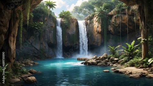 jungle  landscape  waterfall  nature  green  forest  background  tropical  water  tree  travel  summer  beautiful  river  rock  natural  rainforest  plant  cascade  fall  outdoor  environment  foliage