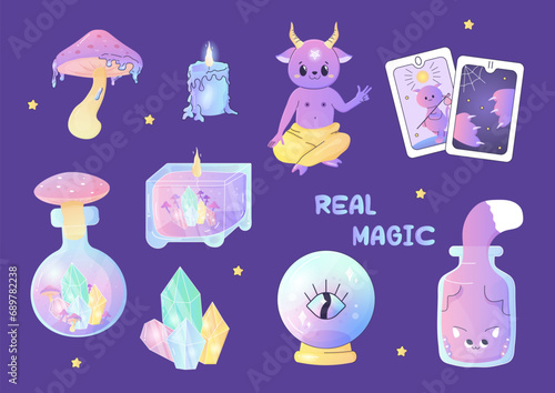 magic illustration set, clip art, tarot, crystals, satan