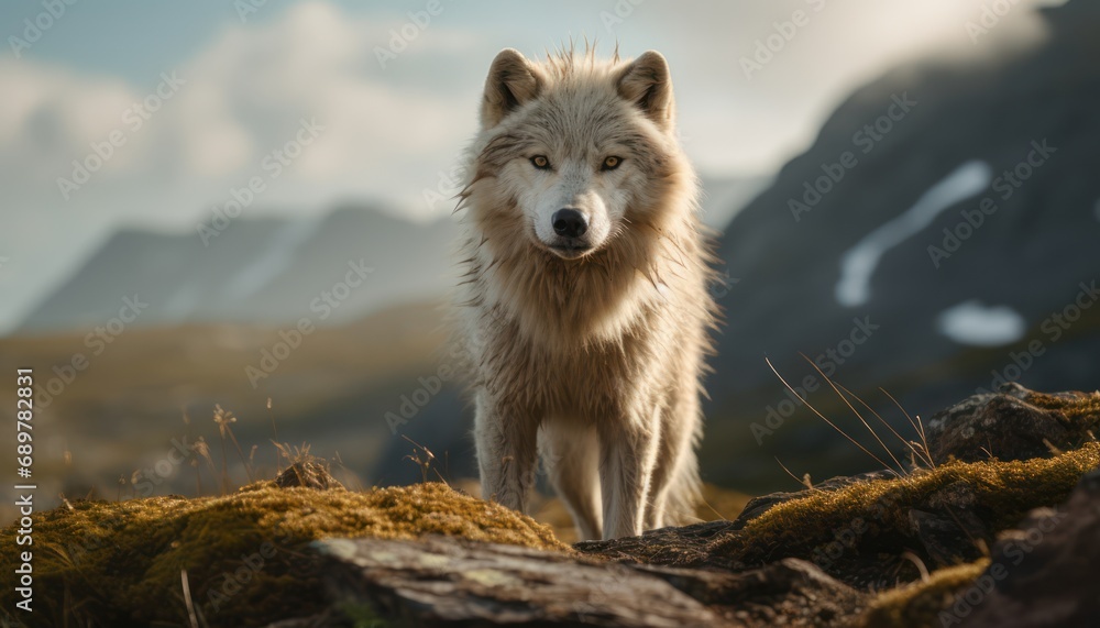 Obraz premium White Arctic Wolf Standing on Grass Covered Hillside