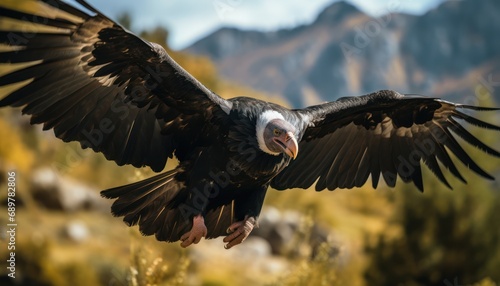 Large Black Andean Condor Bird with White Head and Black Wings photo