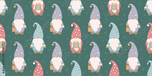Scandinavian gnomes pattern. Flat vector Christmas illustration.