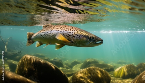 A Majestic Brown Trout Fish Glides Through an Underwater Rocky Landscape