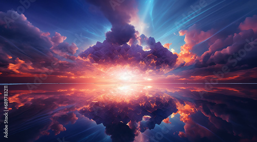 sun and clouds, sunrise over the clouds, sunrise over the sea, colorful sky with sun in clouds of altitude, Red sunset over the sea, rich in dark clouds, rays of light, generative ai