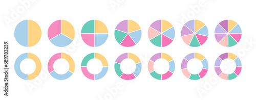 Ring section template. Circular structure chart divided into multicolor segments. Piechart with segments and slices. Circle graph. Pie diagram. Set schemes with sectors. Vector illustration