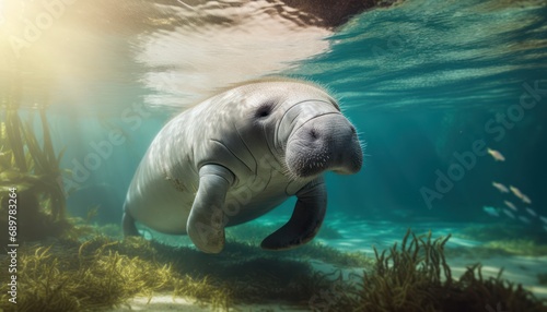 A Dugong Swimming Underwater