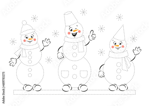 Tracing and color worksheet for practicing motor skills for kids. Coloring page with cute cartoon  snowmans.  Vector illustration
