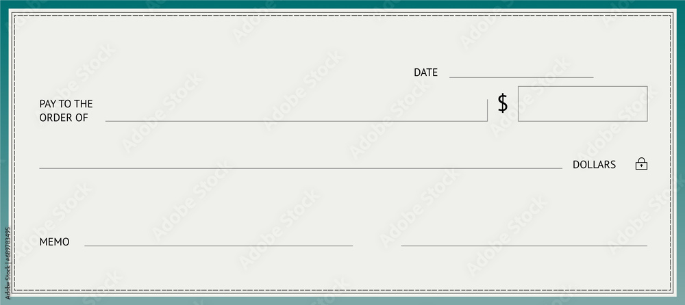 Blank money cheque. Bank check. Check book template with pattern and empty fields. Currency payment coupon, US dollar check background. - obrazy, fototapety, plakaty 