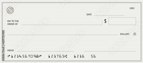 Empty money cheque. Bank check. Grey check book template with pattern and blank fields. Currency payment coupon, US dollar check background.