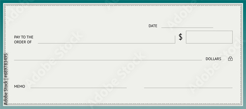 Blank money cheque. Bank check. Check book template with pattern and empty fields. Currency payment coupon, US dollar check background. photo