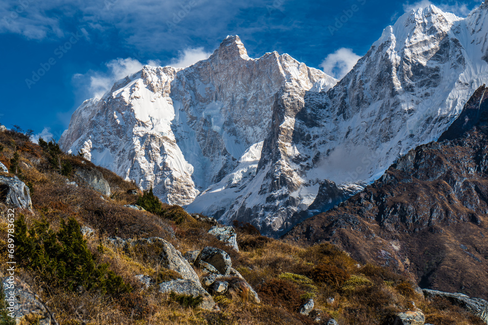 Mount kumbhakarna ( Jannu Base Camp ) in the himalayas of Nepal seen from Khambachen, Taplejung 