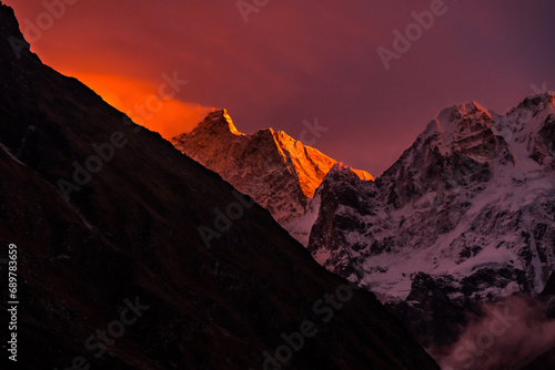 Sunset Seen From Mount kumbhakarna ( Jannu Base Camp ) in the himalayas of Nepal seen from Khambachen, Taplejung 