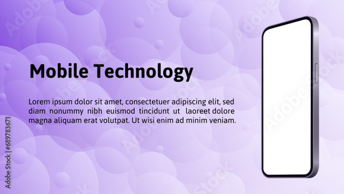 Smartphone mockup on a light purple or violet abstract background with gradient bubbles. Transparent screen mockup. Phone display. Device front view. Mobile technology

