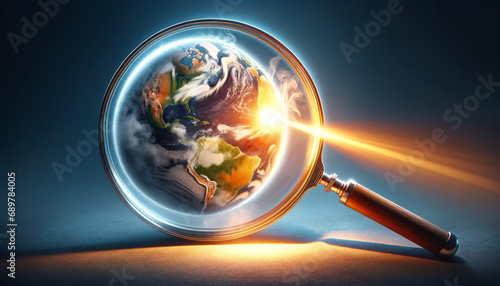 Global warming problem, large magnifying glass directing a concentrated beam of light at earth, making it smoking hot