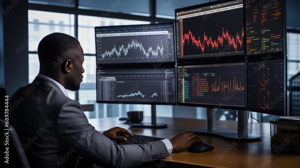 Stock Trader Man Using Multiple Monitors while working at office.