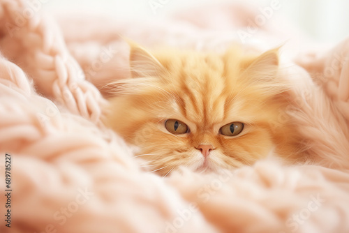 ginger persian cat in a pastel peach fluffy blanket with color of the year 2024 peach fuzz