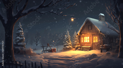 enchanting winter night scene with a warm-lit cottage and gentle snowfall