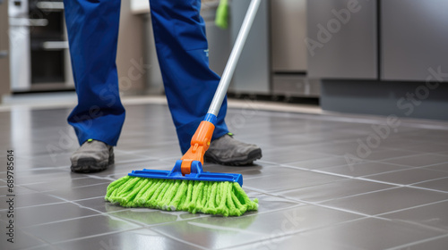 Low section of a person cleaning floor with wet mop at home.