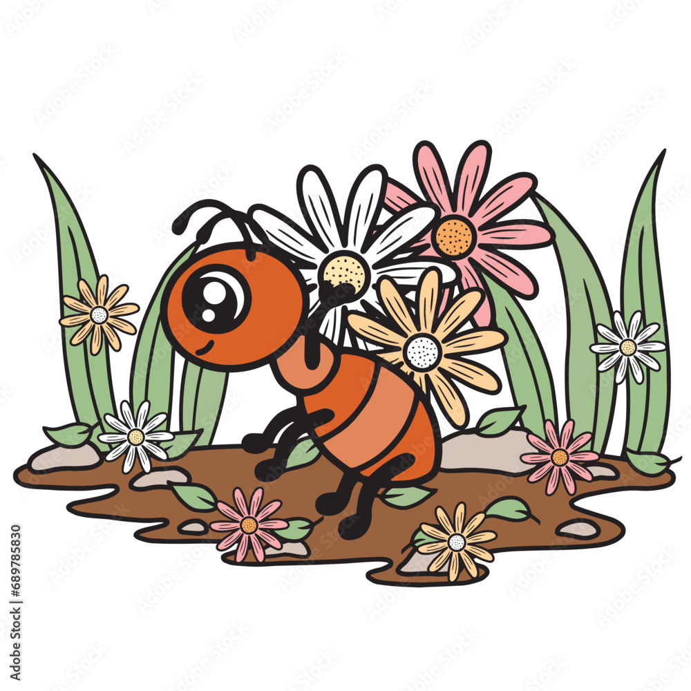 Ant working, summer day, leaves and flowers. Cute cartoon vector art.