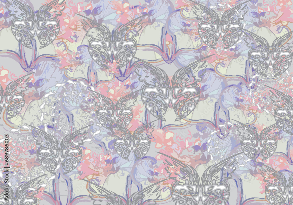 Pastel backdrop with hearts and butterfly elements for textiles or fabrics. Detailed grunge backdrop for business concepts, fashion trends, scrapbooking, tiles, carpets, interiors, covers, etc. Vector Pastel backdrop with hearts and butterfly elements for textiles or fabrics. Detailed grunge backdrop for business concepts, fashion trends, scrapbooking, tiles, carpets, interiors, covers, etc. Vector
