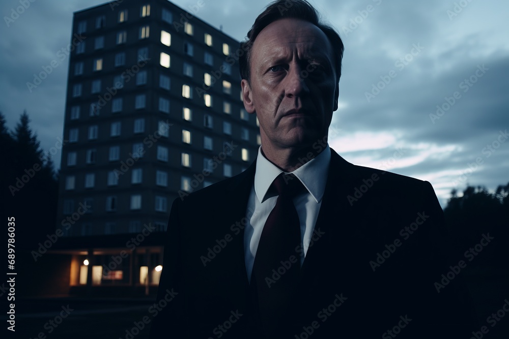 Fototapeta premium Dramatic portrait of a man in a suit against a brooding sky, a powerful and enigmatic executive presence, a moment of decision.