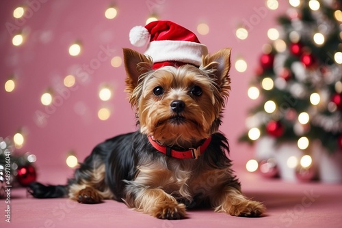 Cute Yorkshire Terrier in Santa Claus hat on a pink background.