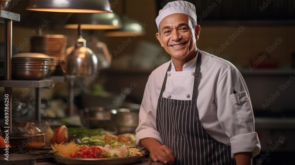 Portrait of a professional chef smiling in a kitchen, with culinary tools and dishes in the background