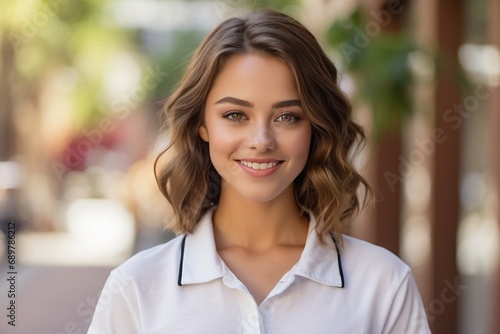 portrait of smiling young woman in white blouse on city street