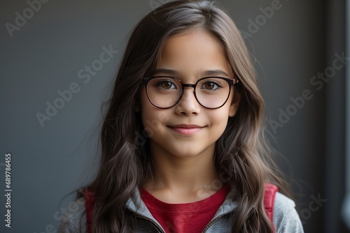 Portrait of a cute little schoolgirl in glasses looking at camera