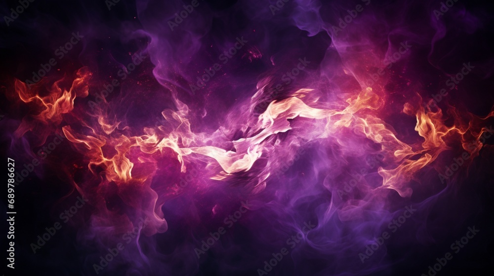A captivating fire frame with intense flames dancing and crackling against a deep purple background, creating a visually striking and dynamic composition. - obrazy, fototapety, plakaty 