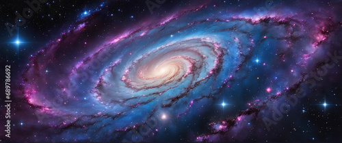 Vast universe stretching across the canvas, with a myriad of twinkling stars, swirling nebulae in deep purples, blues and pinks