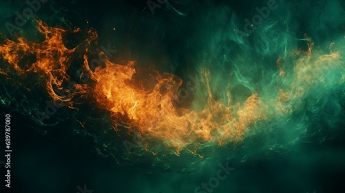 A captivating fire frame with intense flames flickering and crackling against a dark green background, creating a mesmerizing and dynamic visual composition.