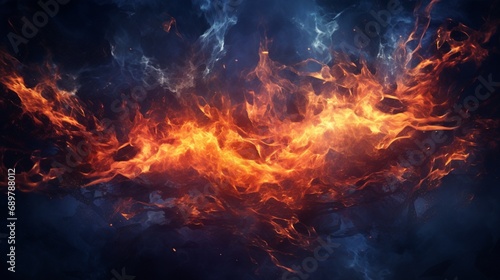 A captivating fire frame with intense flames dancing and crackling against a dark blue background  creating a mesmerizing contrast of colors and textures.