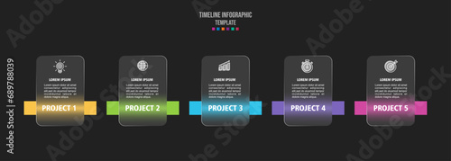Infographics for 5 options, vector design with realistic frosted glass, glass morphism effect.