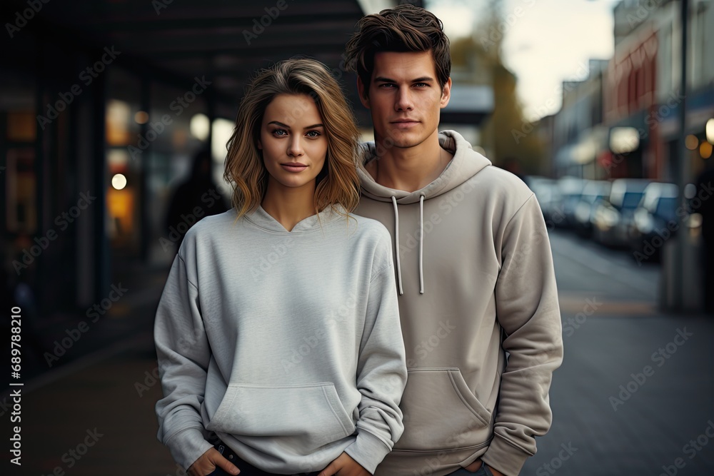 Fototapeta premium Stylish Couple in Urban Chic Hoodies on City Street