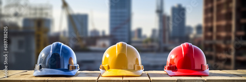 A safety helmet is a protective cap that protects the head at construction, construction, and civil engineering work sites. Panorama for banner. Safety measures for factories and construction. photo