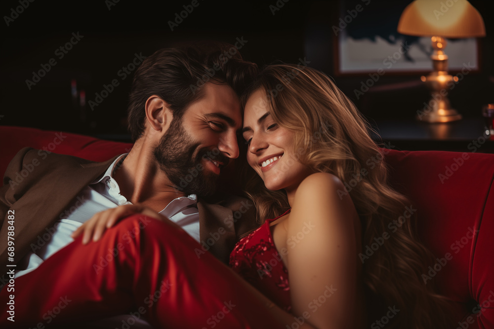 Elegantes Paar sitzt in Hotelbar auf rotem Sofa