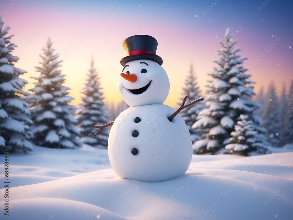 Obraz premium A smiling Snowman playing in blurry winter snow background. Funny Holiday season wallpaper