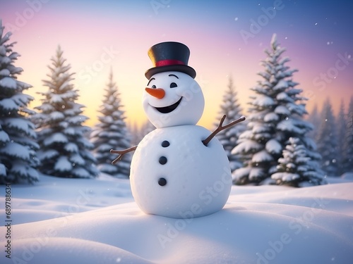 A smiling Snowman playing in blurry winter snow background. Funny Holiday season wallpaper © Leohoho