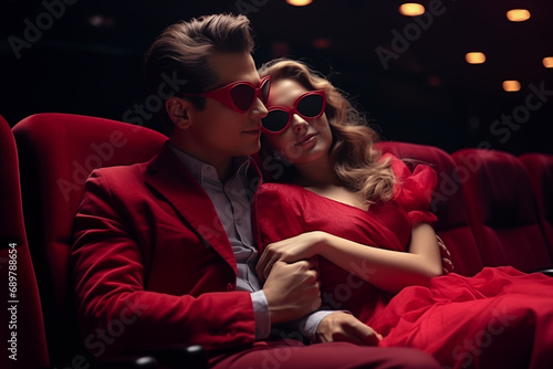 Extravagantes Paar sitzt im Kino mit 3D-Brille an photo