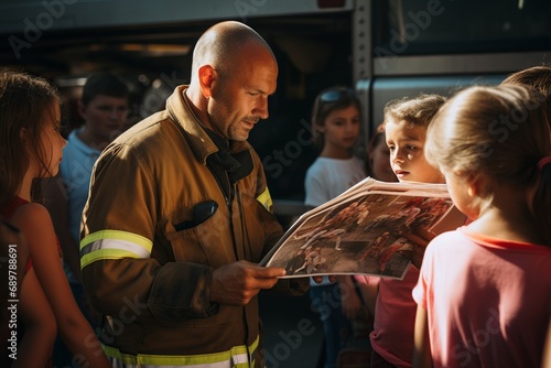Engaged firefighter conducting community outreach, imparting fire safety knowledge at schools, workshops, and events to promote prevention and safety awareness