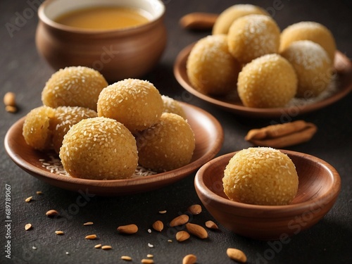 Close-up of Til Laddoo- a signature sweet food of Makar Sankranti, made with sesame seeds and jaggery