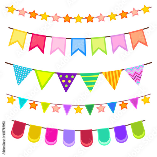 Set of party garlands. Colorful stars, flags, triangles with simple patterns. Suit for cards. banner, poster. White isolated background. Celebration. 