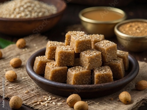 Tilgul vadi special sweet food of Makar Sankranti made of Sesame seeds, jaggery  photo